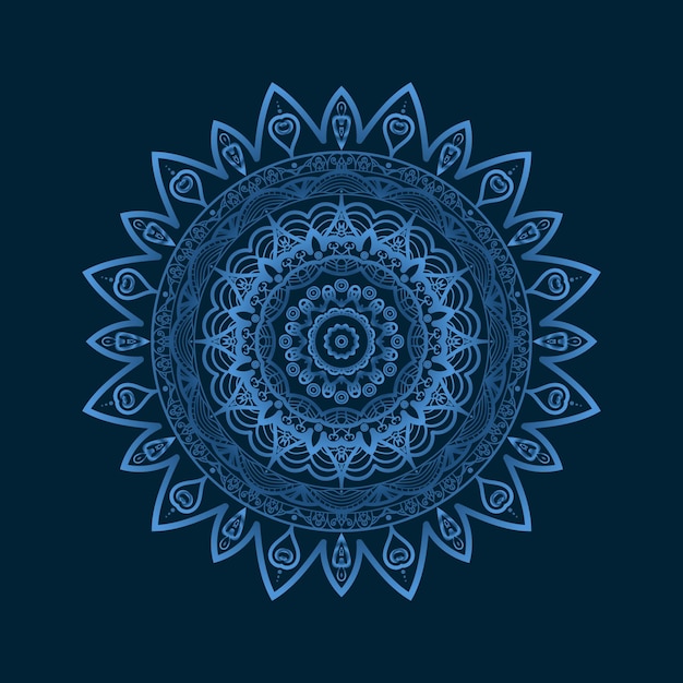 Ilustración vectorial de un mandala azul con un patrón de círculos y la palabra mandala sobre un fondo azul oscuro.