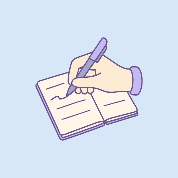 Ilustración vectorial de una mano escribiendo en un cuaderno abierto con un bolígrafo