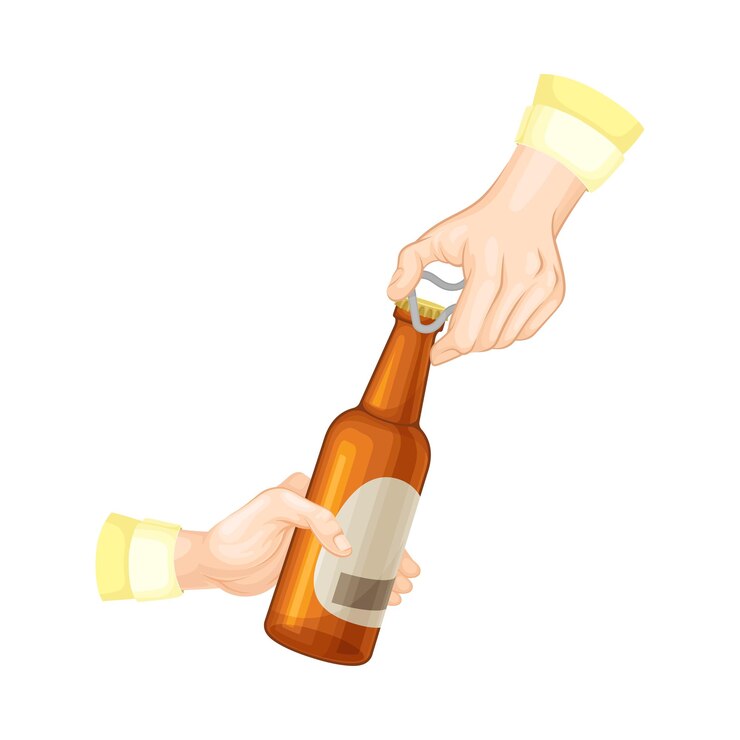 Vector ilustración vectorial de la mano humana abriendo una botella de cerveza de vidrio