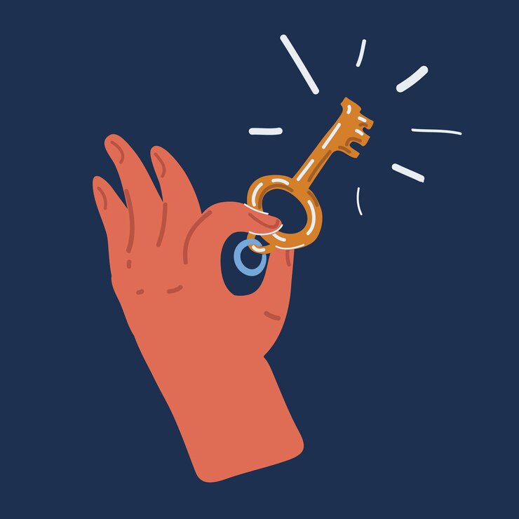 Vector ilustración vectorial de la mano sosteniendo la llave sobre el fondo oscuro