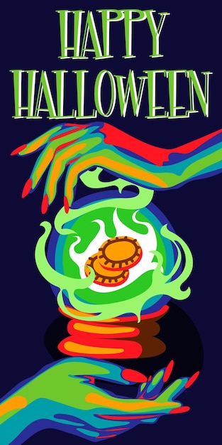 Ilustración vectorial de manos de brujas con una bola mágica predicción de la fortuna y feliz halloween