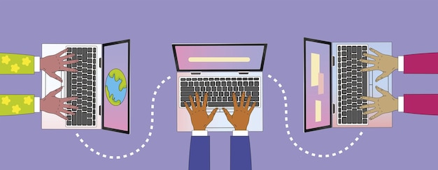 Ilustración vectorial de manos de dibujos animados que trabajan con computadoras portátiles conectadas por líneas punteadas