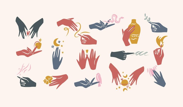 Ilustración vectorial - manos femeninas en diferentes gestos. Símbolo abstracto para cosméticos y envases o productos de belleza.
