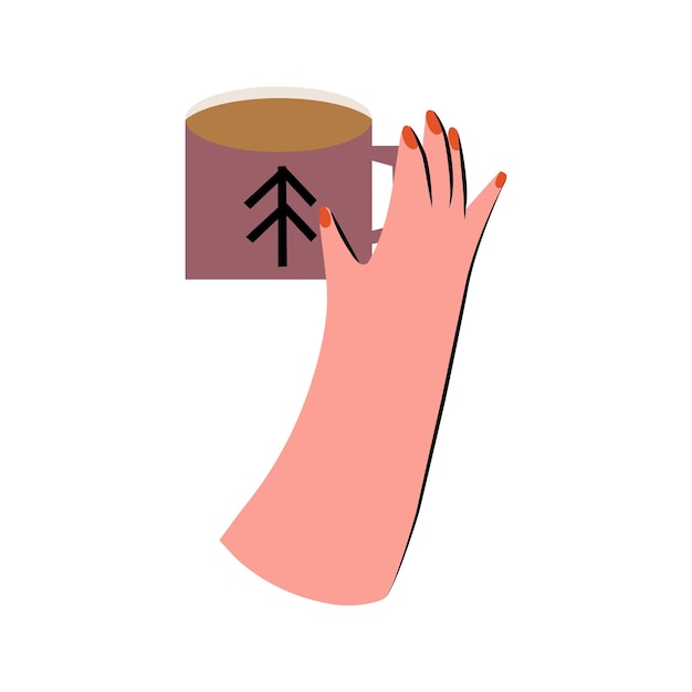 Ilustración vectorial de manos sosteniendo artículos de viaje taza de lupa con bebida mapa de la carretera compa