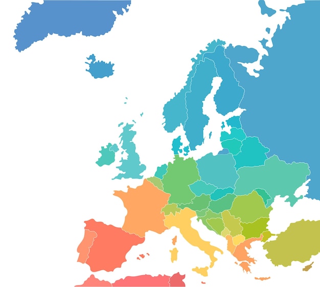 Ilustración vectorial de mapa colorido del continente europeo con países y fronteras aislados en blanco