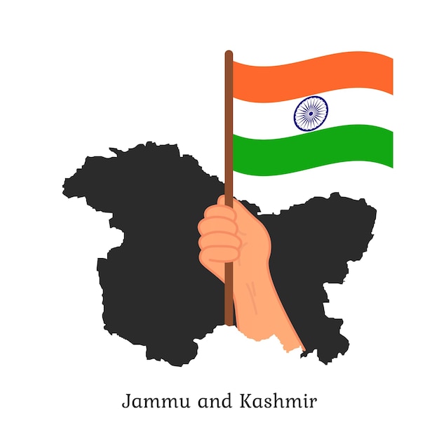 Ilustración vectorial del mapa de Jammu y Cachemira con la mano sosteniendo la bandera india