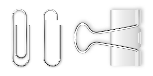 Vector ilustración vectorial de maqueta de diseño de encuadernador de papel blanco realista y soporte de clip metálico