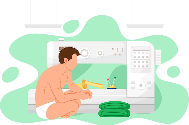 Ilustración vectorial de la máquina de coser Costura personalizada con equipos especiales Hombre en traje de baño después del baño está mirando una pila de tela verde Hombre descansando mientras hace ropa en el estudio o taller