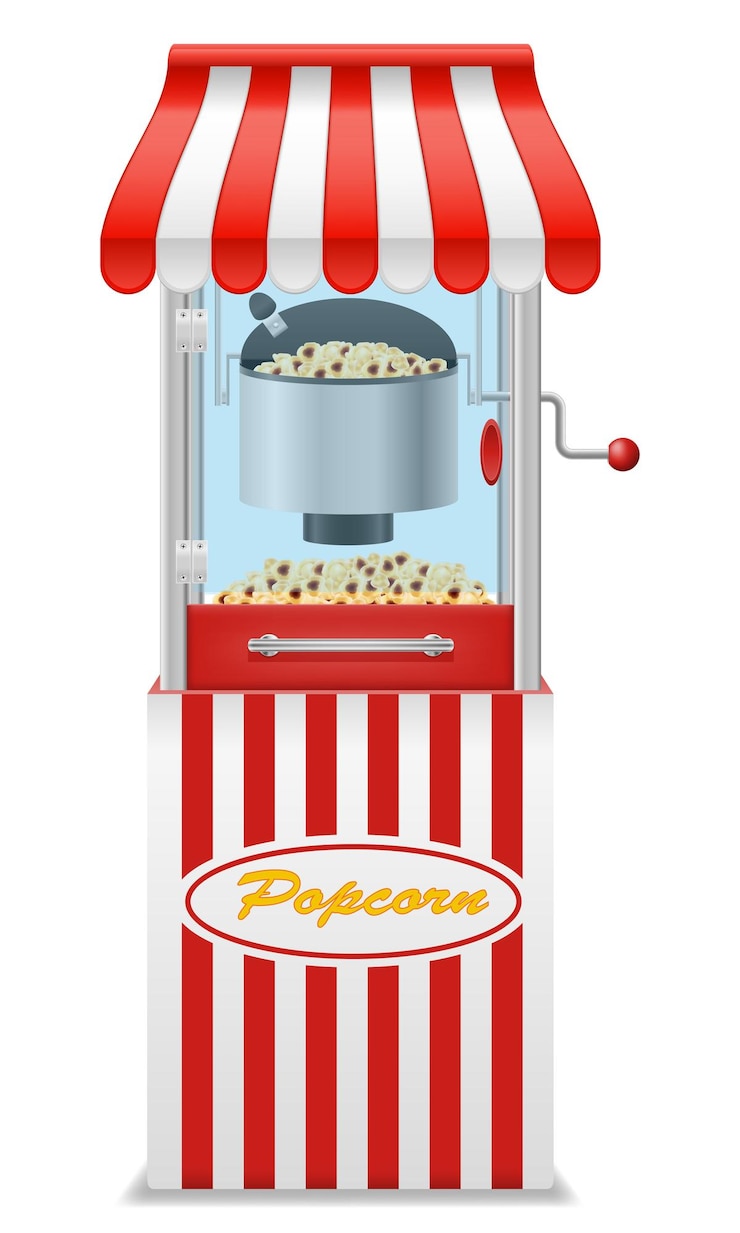 Vector ilustración vectorial de la máquina para hacer palomitas de maíz y bocadillos dulces