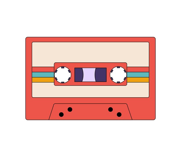 Ilustración vectorial maravilloso casete de audio retro con rayas Medios analógicos para grabar música pop y rock Vinilo Casete de cinta antigua en estilo años 80 aislado sobre fondo blanco