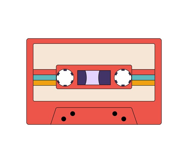 Ilustración vectorial maravilloso casete de audio retro con rayas medios analógicos para grabar música pop y rock vinilo casete de cinta antigua en estilo años 80 aislado sobre fondo blanco