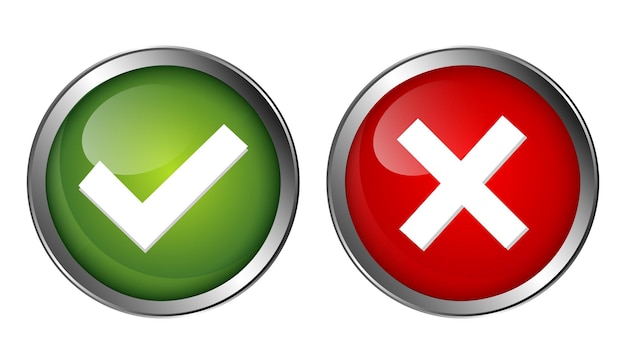 Ilustración vectorial de la marca de verificación verde y los iconos de la cruz roja