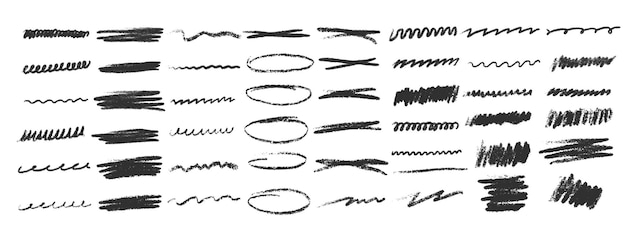 Ilustración vectorial de marcadores, pinceles y bocetos estilizados con lápiz. Trazos de tiza. Lápiz giratorio. Círculos ovalados y rediseños. Líneas dibujadas a mano. Separadores de trazos en varios patrones.