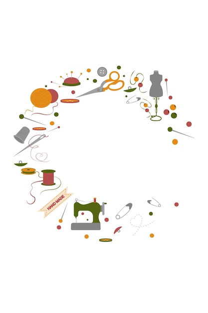 Ilustración vectorial Marco de bordado y artículos de costura Iconos hechos a mano conjunto de costura