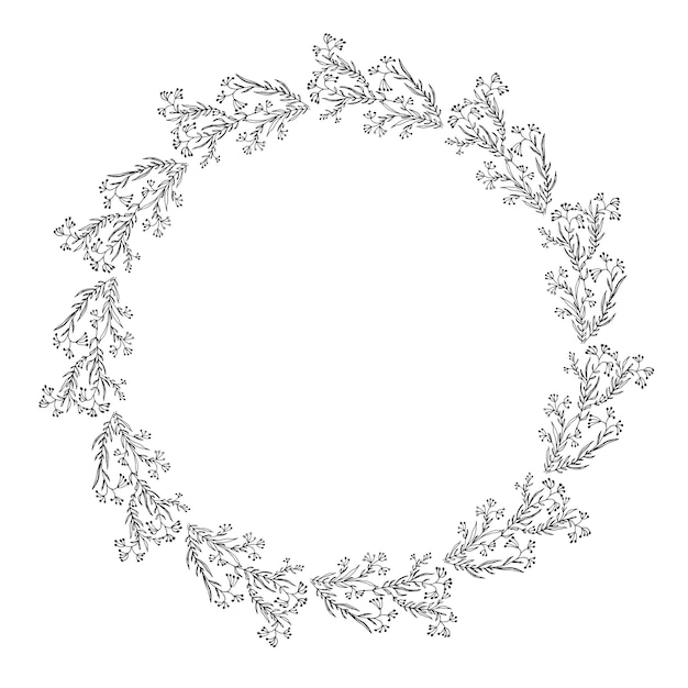 Ilustración vectorial de marco de dibujo vintage floral circular con hojas de corona dibujadas a mano