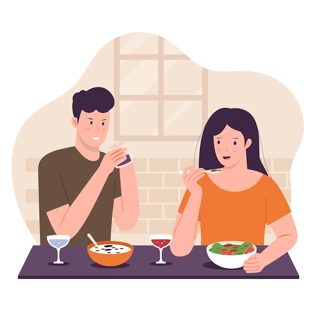 Vector ilustración vectorial de marido y mujer comen juntos