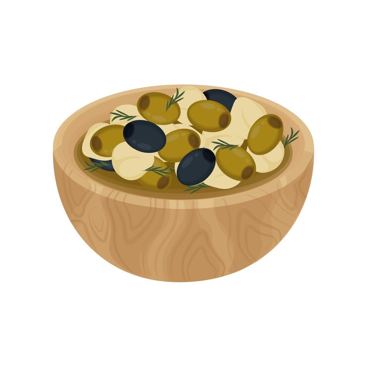 Ilustración vectorial de marinar bolas de queso mozzarella con aceituna en un cuenco de madera