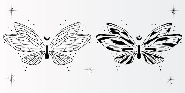 Ilustración vectorial con mariposa dibujada a mano con luna. Forma lineal negra.