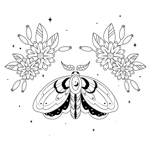 Ilustración vectorial con una mariposa nocturna mágica, siluetas negras de flores