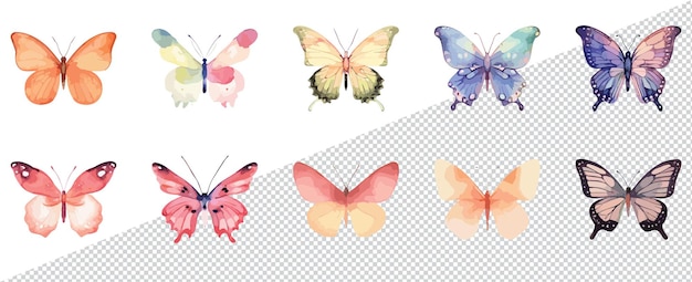 Ilustración vectorial de mariposas de acuarela aisladas sobre un fondo transparente