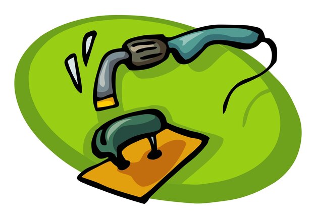 Ilustración vectorial de un martillo golpeando una tabla de madera con dos clavos en estilo de dibujos animados