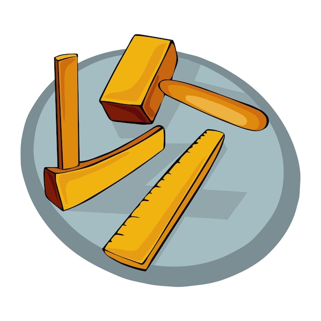 Ilustración vectorial de un martillo de madera de mano y una herramienta de regla en estilo de dibujos animados