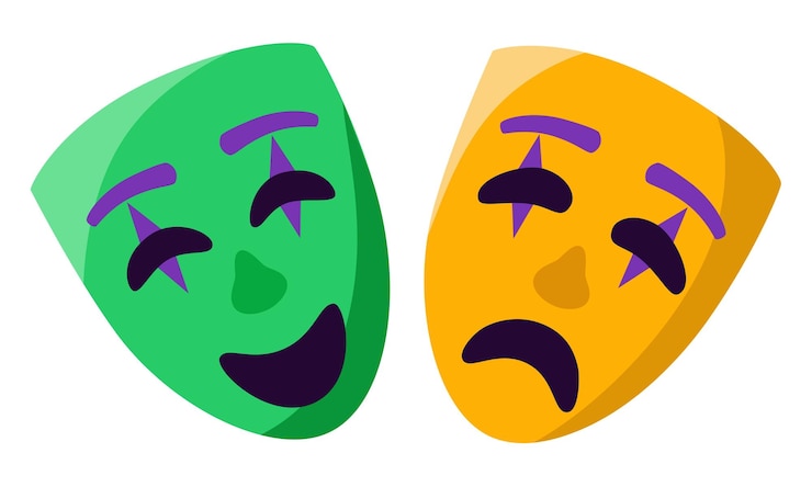 Vector ilustración vectorial de máscaras felices y tristes expresión facial de alegría y agonía cosas de teatro y carnaval
