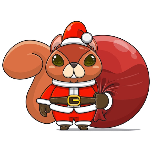 Ilustración vectorial de la mascota linda del monstruo de la ardilla que lleva el bolso del paquete de santa