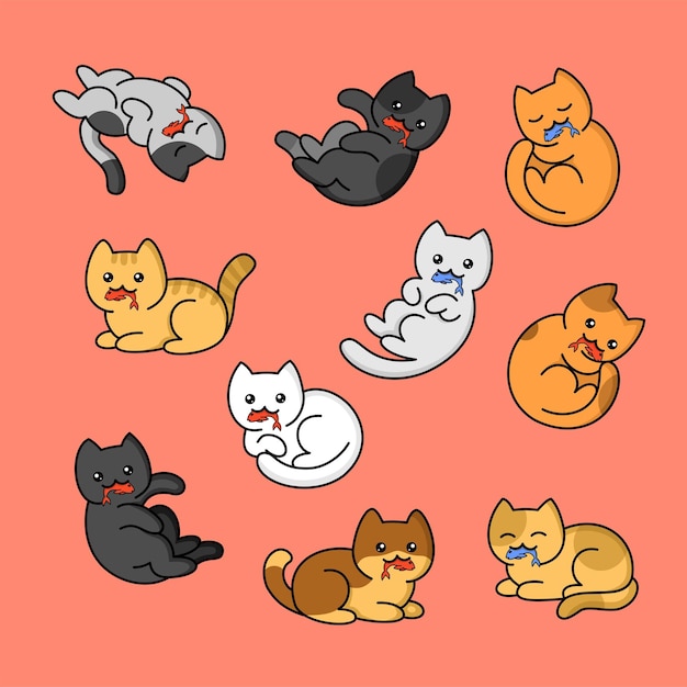 Ilustración vectorial de la mascota de varias poses de gato lindas