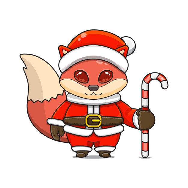 Ilustración vectorial de la mascota del zorro rojo lindo monstruo vistiendo traje de santa sosteniendo un bastón de caramelo