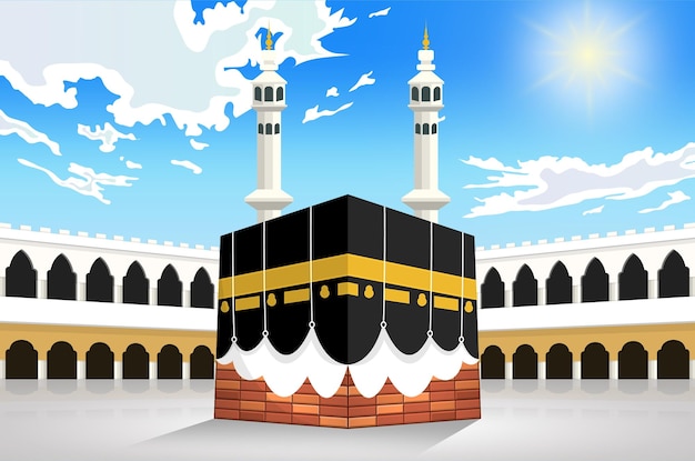 Ilustración vectorial de la Meca para el hajj alharam, la mezquita Kaaba en Arabia Saudita en el cielo azul