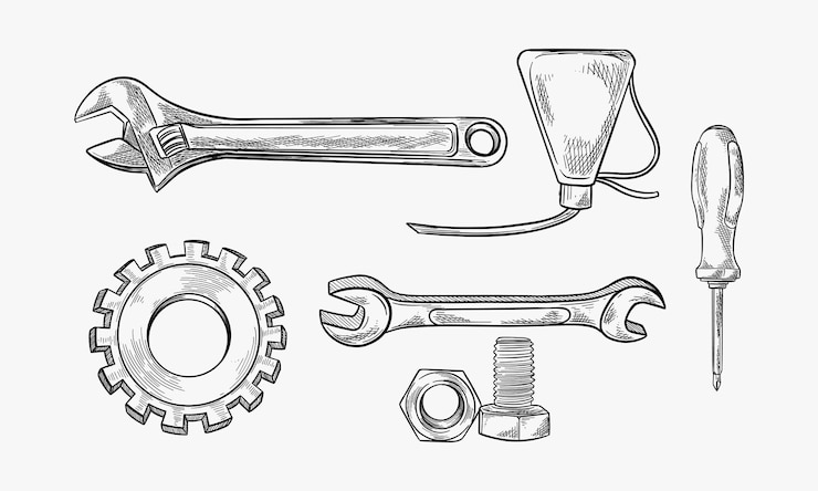 Vector ilustración vectorial de mecánico o mantenimiento de automóviles al estilo de doodle con engranajes de llave de lata de aceite y trapo