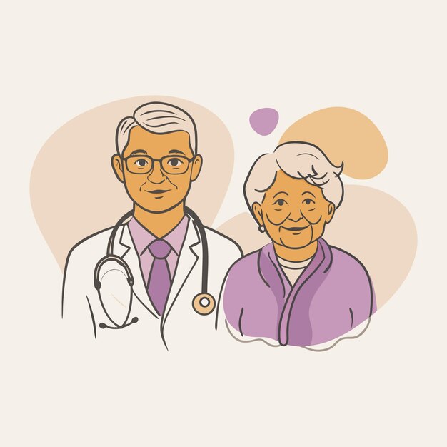 Ilustración vectorial de un médico y una anciana que cuidan de su salud