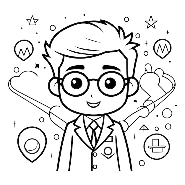 Vector ilustración vectorial de un médico con bata blanca y gafas con iconos a su alrededor