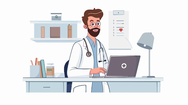 una ilustración vectorial de un médico en una bata de laboratorio trabajando en una computadora