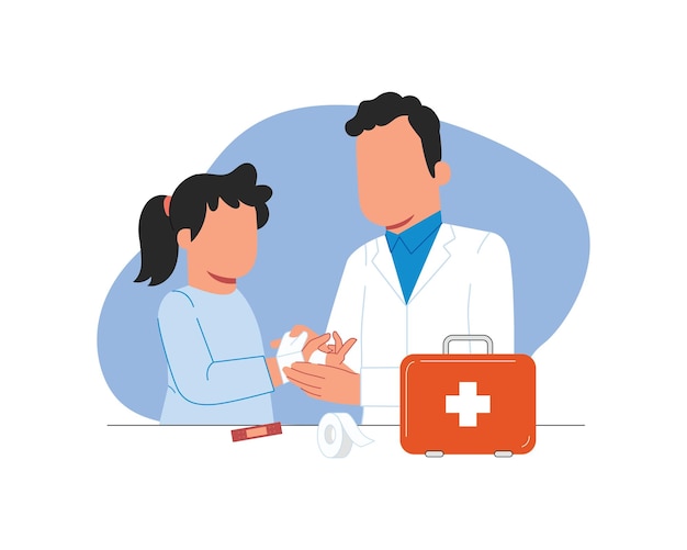 Ilustración vectorial de un médico y una niña con un botiquín de primeros auxilios