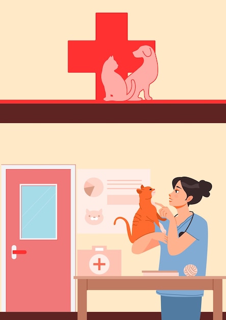 Ilustración vectorial de un médico que revisa la condición de los gatos en un hospital veterinario