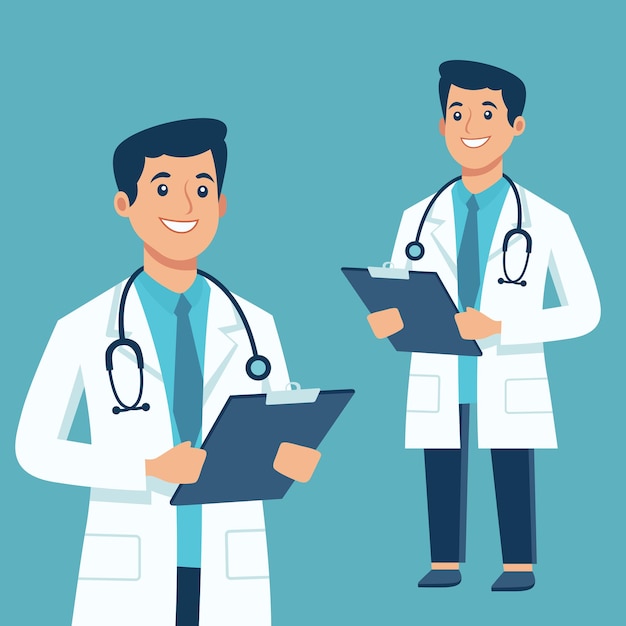 Ilustración vectorial de un médico sosteniendo un portapapeles sonriendo cálidamente en un fondo azul claro sólido