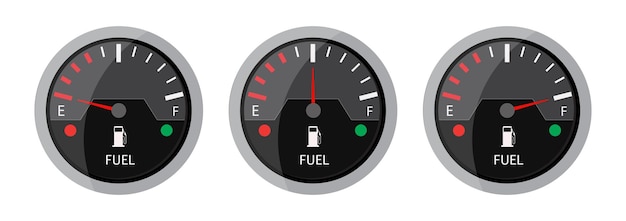 Vector ilustración vectorial del medidor de combustible con indicador de combustible medio bajo y completo para motocicleta de época