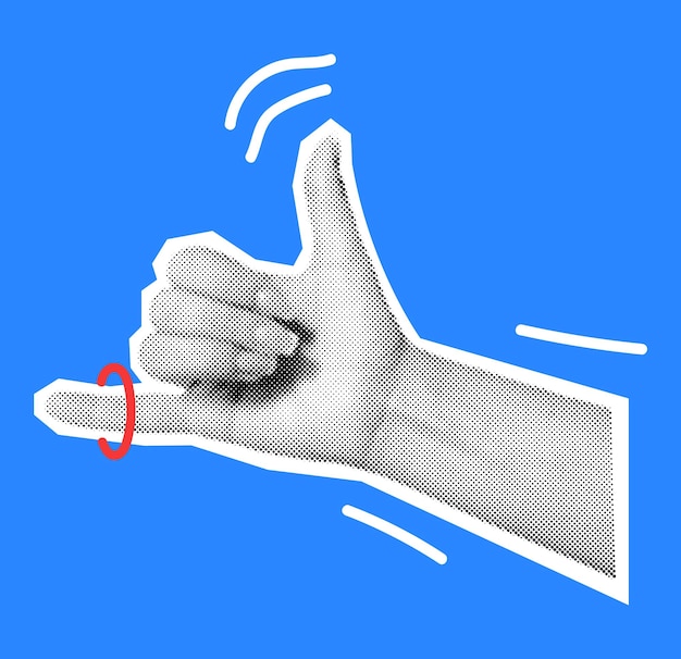 Ilustración vectorial de medio tono de la mano que forma el gesto Call Me