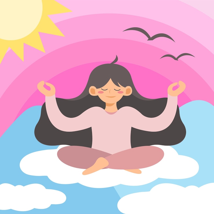 Ilustración vectorial de meditación de mujer con estilo de diseño plano