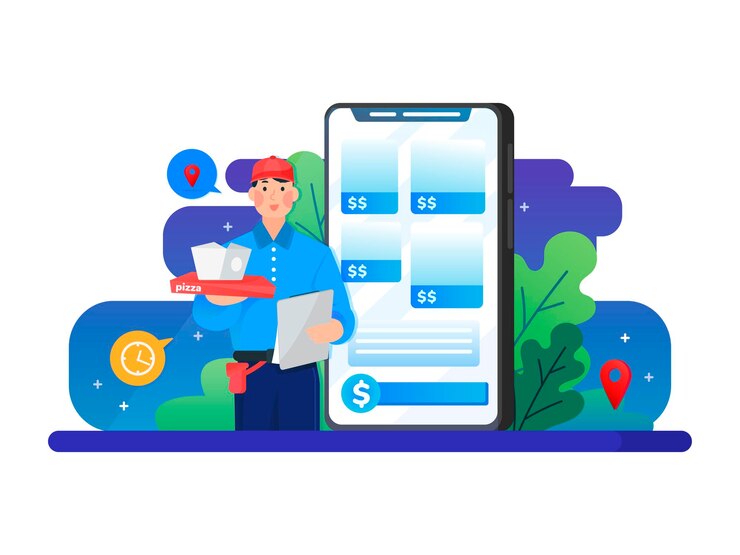 Vector ilustración vectorial de mensajero entregando alimentos con seguimiento de aplicaciones móviles