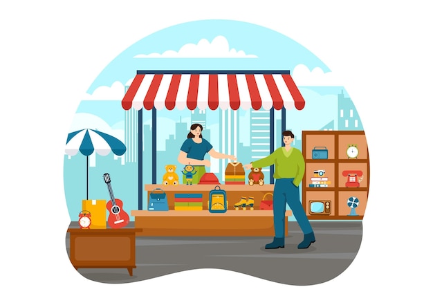 Ilustración vectorial del mercado de pulgas con tienda de segunda mano con compradores y clientes el fin de semana