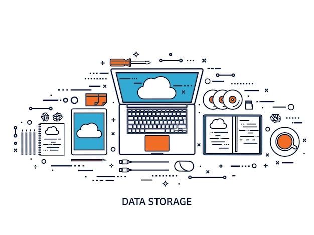 Ilustración vectorial mesa de trabajo con documentos computadora nube plana computación de fondo de medios