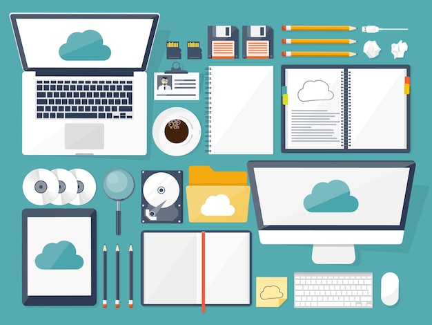 Ilustración vectorial mesa de trabajo con documentos computadora nube plana computación de fondo de medios