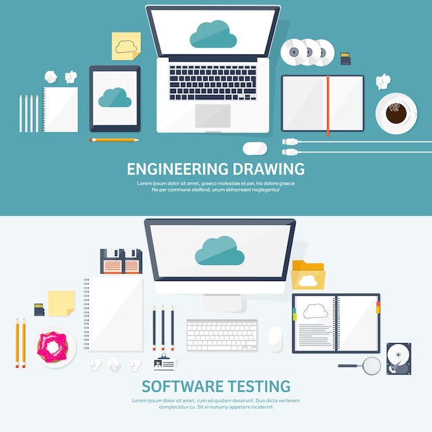 Ilustración vectorial mesa de trabajo con documentos computadora nube plana computación de fondo medios