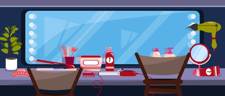 Vector ilustración vectorial de la mesa de vestir escena de dibujos animados mesa de vestir con espejo bombillas de rizado hierro cepillos crema cosméticos horquillas secador de cabello macetas sillas salón de belleza peluquería