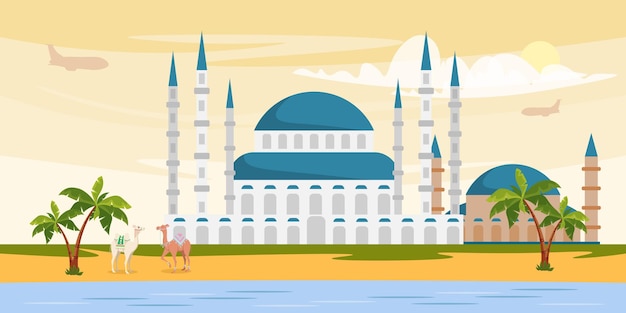 Ilustración vectorial de la mezquita turca en estambul gran edificio musulmán para oraciones y servicio a dios memorando histórico área desértica con palmeras y camellos