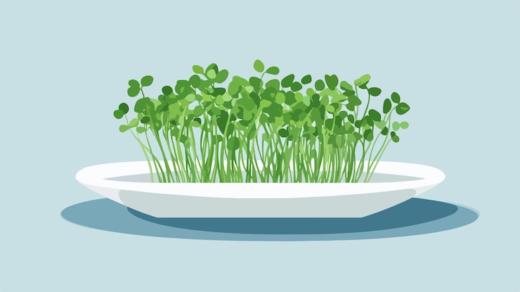 Vector ilustración vectorial de microgreenes frescos en placas minimalistas