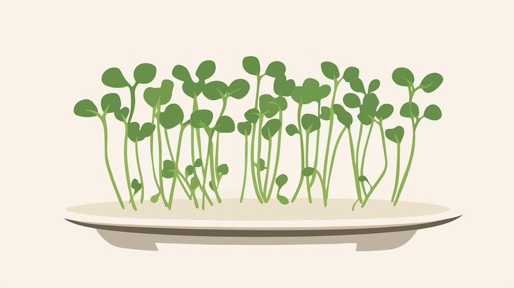 Vector ilustración vectorial de microgreenes frescos en placas minimalistas